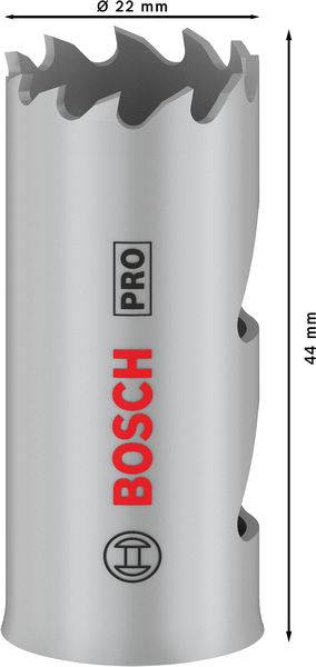 Metall-Lochsäge, 22 mm Durchmesser, 44 mm Länge, silberfarben mit Bosch-Logo, gezackte Schneide für präzises Schneiden in Metall.
