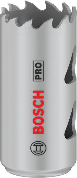 Silberfarbener Lochsägeaufsatz mit markanten Zähnen und dem roten 'Bosch Pro'-Logo.