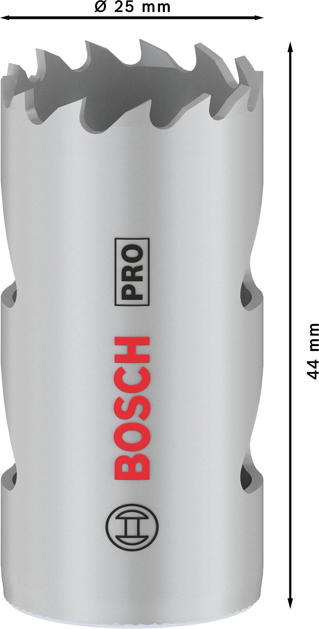 Hohlfräse von Bosch, Durchmesser 25 mm, Länge 44 mm, mit Bosch-Logo.