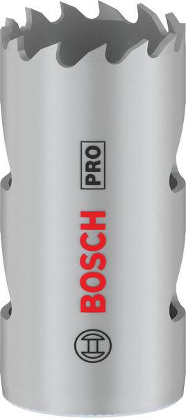 Graues Bosch-Pro-Sägeblatt mit rotem Logo und gezahntem Rand, geeignet zum Bohren in Metal und Holz.