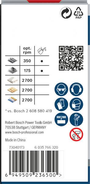 'Robert Bosch Power Tools GmbH' Verpackung mit QR-Code, Tabelle: verschiedene opt. Drehzahlen (350, 175, 2700, 2700, 2700), Symbole für Schutzmaßnahmen. Made in China.