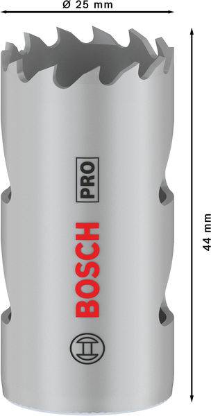 Lochsäge von Bosch Pro, Durchmesser 25 mm, Höhe 44 mm, silber mit roten und schwarzen Markierungen.