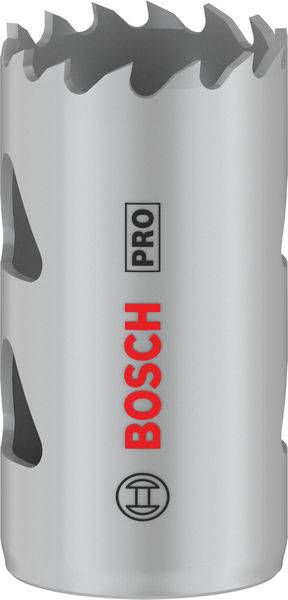 Eine silberne Lochsäge mit Markenname 'Bosch Pro' in Rot auf der Seite. Geeignet für professionelle Bohrarbeiten.