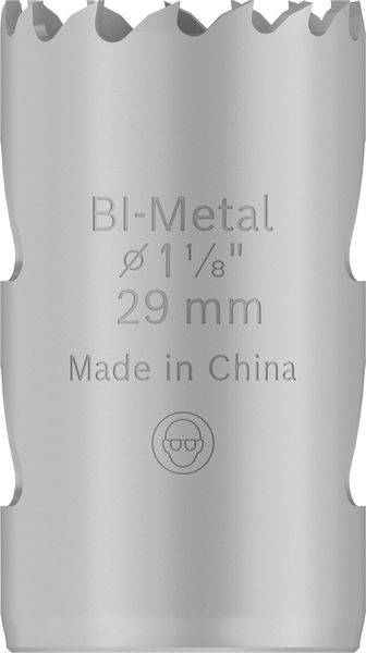 Grauer Bi-Metall-Lochsägenaufsatz, Durchmesser 29 mm, Aufschrift 'Made in China'.
