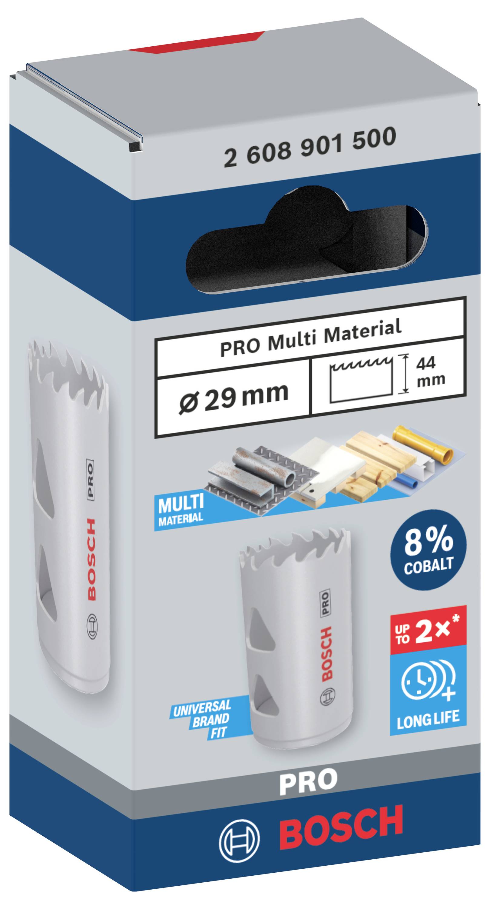 'Bosch' Kartonverpackung für PRO Multi Material Lochsäge, Ø 29 mm, 44 mm Tiefe. Zeigt Sägeblatt und Materialien wie Holz und Metall.