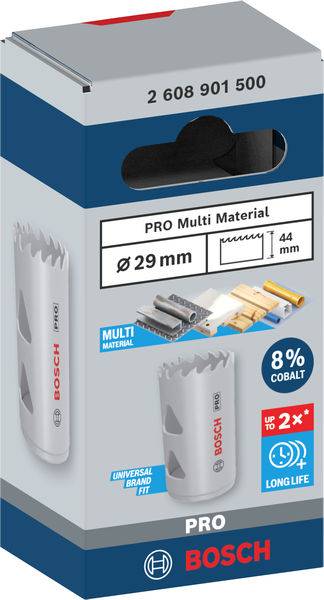 Verpackung einer Bosch Lochsäge 'PRO Multi Material' mit 29 mm Durchmesser. Geeignet für verschiedene Materialien, enthält 8% Kobalt.