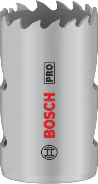 Bohrkrone von Bosch, grau mit roten und schwarzen Markierungen, geeignet für präzises Bohren in unterschiedlichen Materialien.