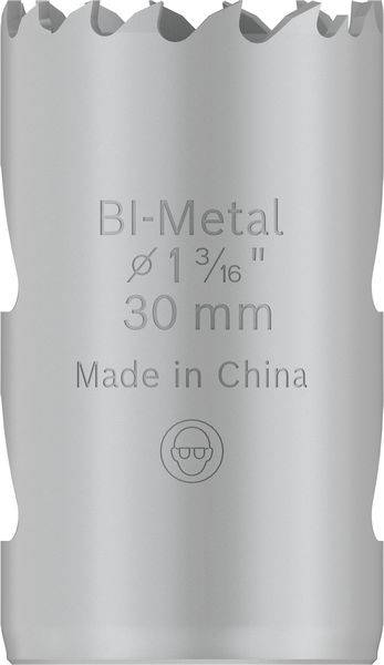 Silbernes Lochsägeblatt mit der Aufschrift 'Bi-Metal Ø1³⁄₁₆'' 30 mm Made in China'. Geeignet für Metallbohrungen.