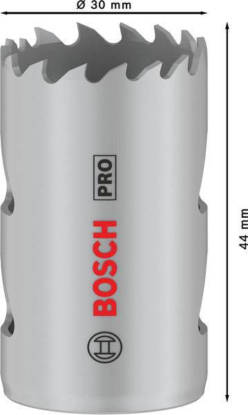 Metallsägekrone mit 30 mm Durchmesser und 44 mm Länge, silbernes Design, Markenname 'Bosch Pro' in roter Schrift aufgedruckt.