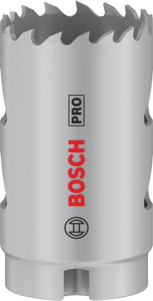 Bohrkrone von Bosch in zylindrischer Form mit gezacktem Rand, silberfarben, mit rotem 'BOSCH'-Logo und schwarzem 'PRO'-Schriftzug.