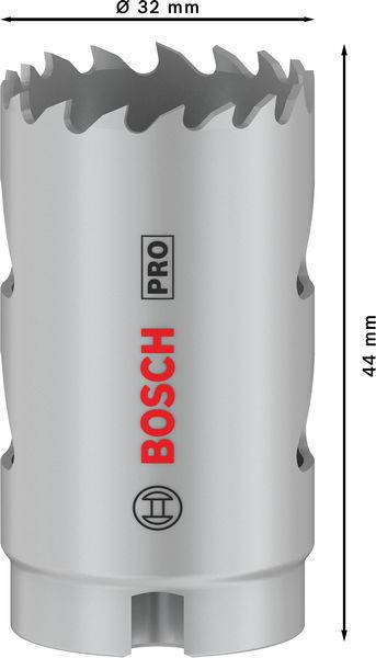 Metall-Lochsäge mit Zahnkranz und 'BOSCH PRO' Logo, Durchmesser 32 mm, Höhe 44 mm. Ideal zum präzisen Schneiden in Materialien.