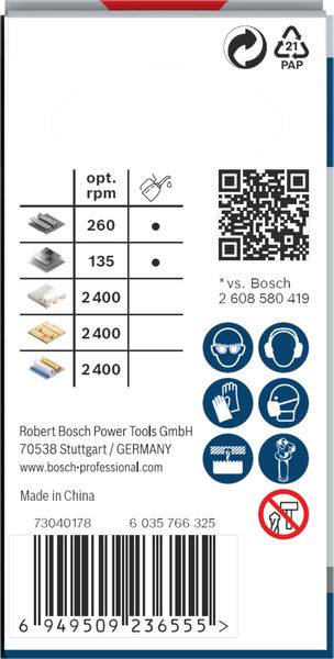 Verpackungsrückseite zeigt eine Tabelle mit U/min für verschiedene Materialien und Werkzeugeinsätze, Bosch-Logo, QR-Code, Sicherheitshinweise und Herstellungsangaben.