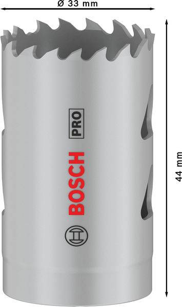 Bild einer grauen Lochsäge mit einem Durchmesser von 33 mm und einer Höhe von 44 mm. Die Marke 'Bosch Pro' ist aufgedruckt.