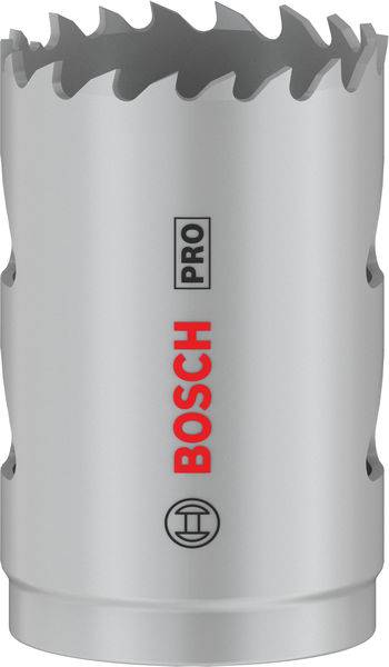 Grauer Bosch Pro Lochsägeaufsatz mit gezackter Schneide, geeignet für präzises Bohren in Materialien wie Holz oder Metall.