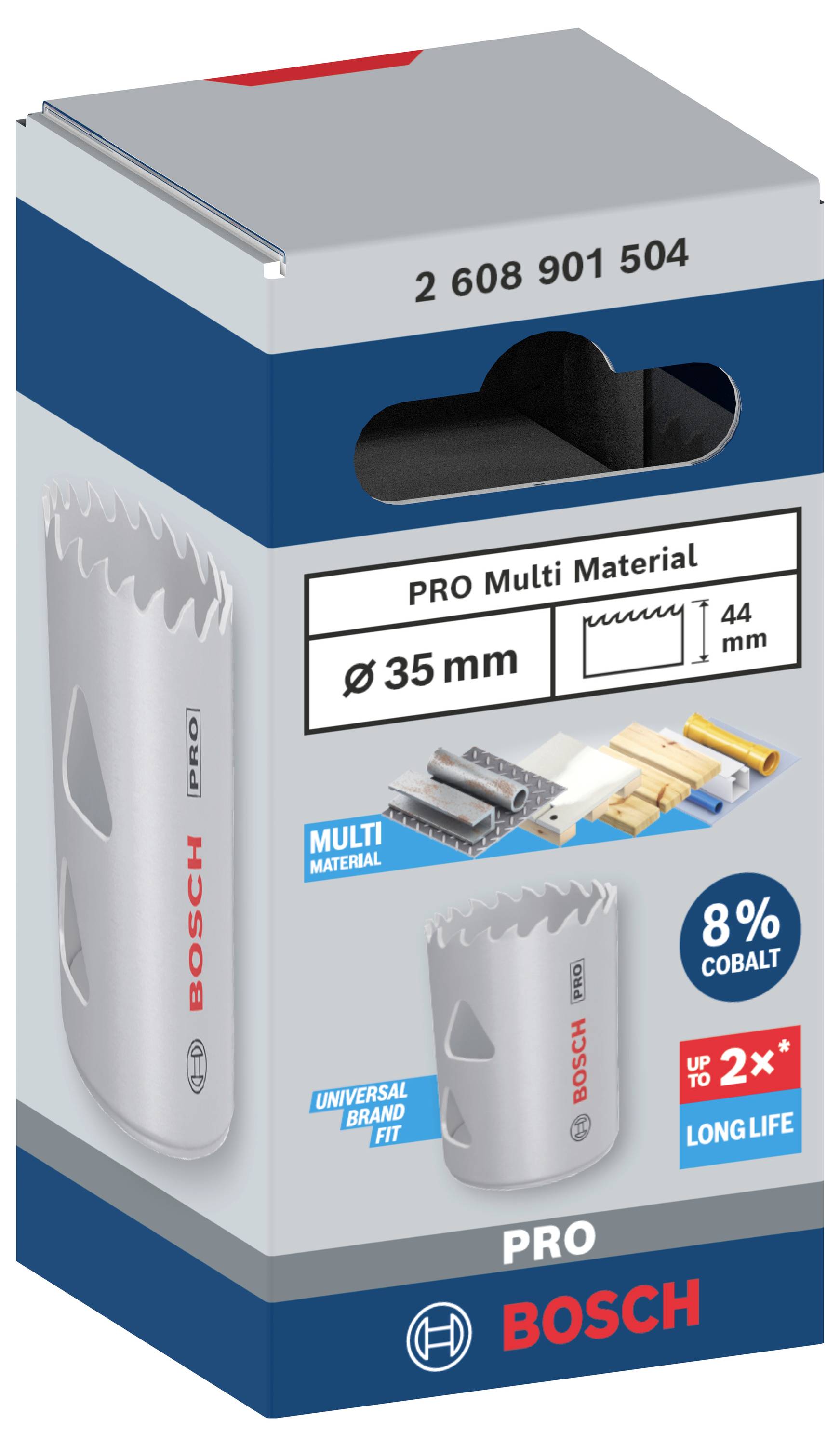 Bohrer-Verpackung mit Aufschrift 'PRO Multi Material', Durchmesser 35 mm, enthält Bild von Materialien und Hinweis auf Langlebigkeit.