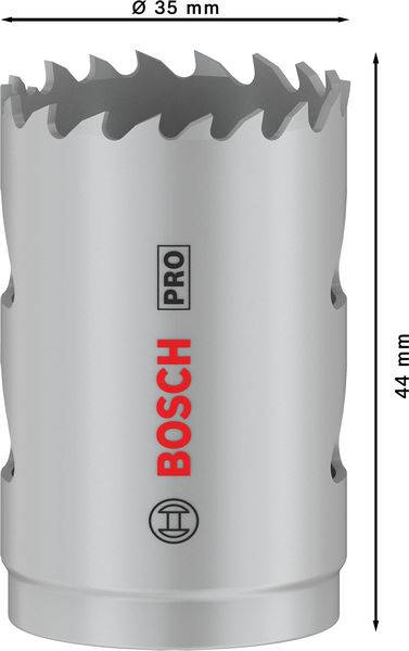 Bohrkrone von Bosch, Durchmesser 35 mm, Höhe 44 mm, graue Farbe mit Markenlogo rot und schwarz auf der Seite.