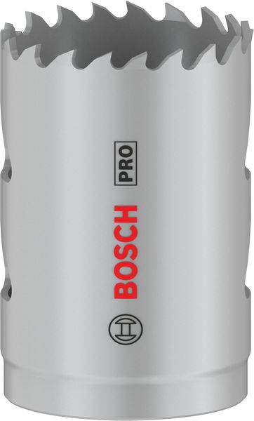 Metallsägebohrer von Bosch mit scharfen Zähnen, geeignet für präzises Bohren in Metalloberflächen. Silbernes Gehäuse mit rotem Logo.