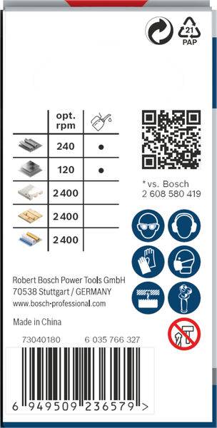 Verpackungsrückseite von Bosch mit QR-Code, Symbolen zur Maschinennutzung und technischen Daten für Schleifpapieraufsätze.