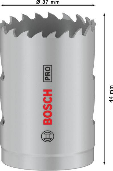 Metall-Lochsäge mit gezackten Klingen, Bosch-Logo, 37 mm Durchmesser, 44 mm Länge. Ideal für präzise Bohrungen in Metall.