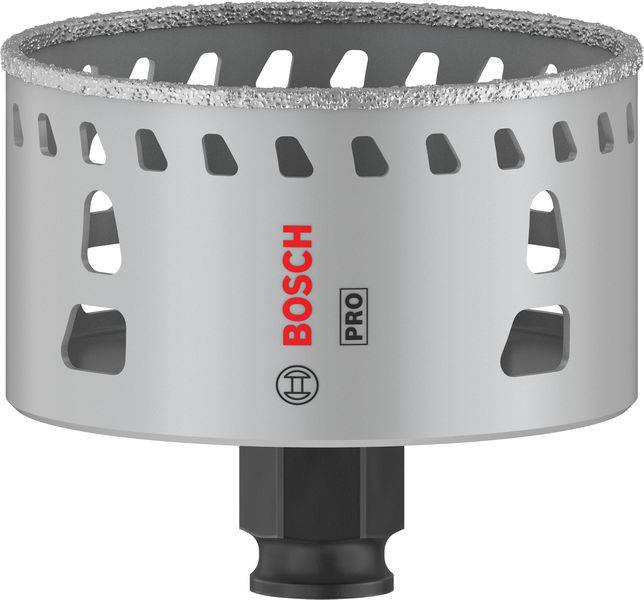 Silberne Bohrkrone mit Diamantbesatz und Lüftungsschlitzen. Aufdruck 'BOSCH PRO' und Symbole auf der Seite. Geeignet für Profi-Werkzeuge.