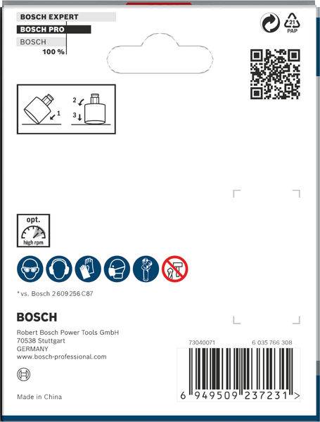 Verpackung eines Bosch-Produkts mit QR-Code, Barcode, Sicherheitssymbolen und Kundenserviceadresse in Stuttgart, Deutschland.