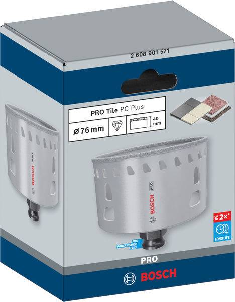Verpackung einer Bosch PRO Fliesenbohrkrone. Durchmesser 76 mm. Eignet sich für Fliesen und Baustoffe bis 40 mm Tiefe.