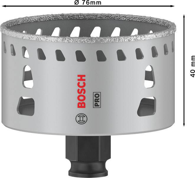 Bohrkrone mit 76 mm Durchmesser und 40 mm Höhe, graue Farbe mit 'Bosch Pro'-Logo, geeignet zum Schneiden von Materialien.