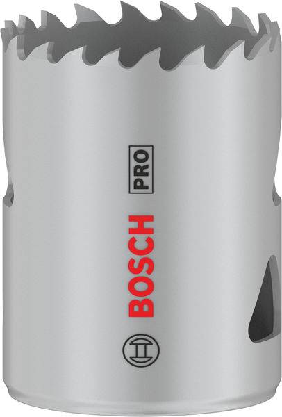 Metall-Lochsäge mit gezackter Kante, silberfarben, rotes 'Bosch Pro'-Logo. Eignet sich zum Schneiden präziser Löcher in verschiedenen Materialien.