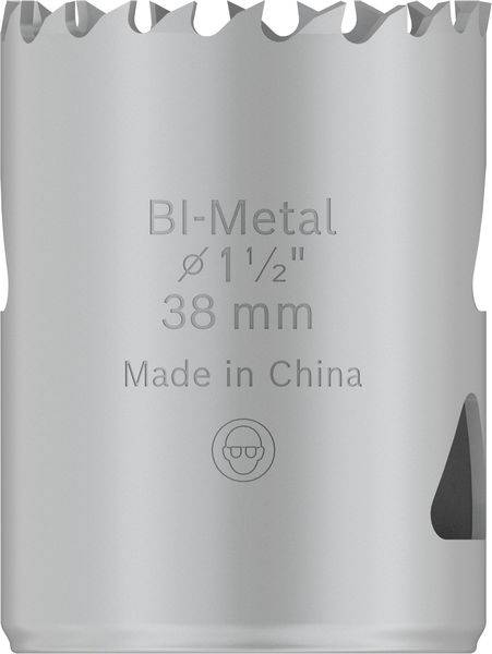 Grauer Lochsäge-Aufsatz mit der Aufschrift 'BI-Metal Ø 1 1/2