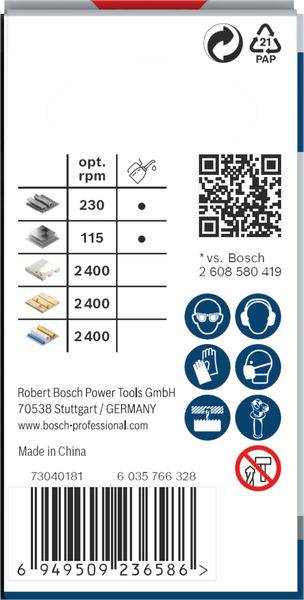 Verpackungsetikett mit Drehzahlangaben für Sägeblätter: 230, 115, 230, 2400. Bosch-Logo, QR-Code und Sicherheitsikonen.