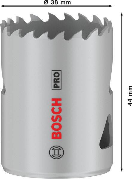 Graue Bosch Pro Lochsäge mit einem Durchmesser von 38 mm und einer Länge von 44 mm, geeignet zum Bohren in verschiedenen Materialien.