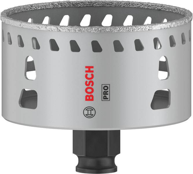 Metall-Lochsäge von Bosch Pro, silberfarben, mit diamantbesetztem Rand und roten Markierungen. Ideal zum Schneiden von harten Materialien.