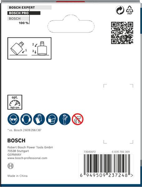 'Bosch Expert' Etikett auf Verpackung, zeigt Produkttyp, QR-Code, Herstelleradresse und Herkunftsland 'Made in China'.