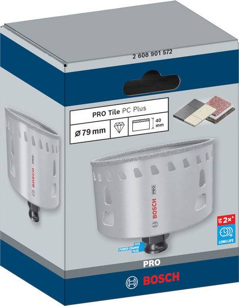 Bosch Bohrkrone PRO Tile PC Plus, 79 mm Durchmesser, für Fliesen. Verpackung zeigt Produktbild und betont 'Lange Lebensdauer'.