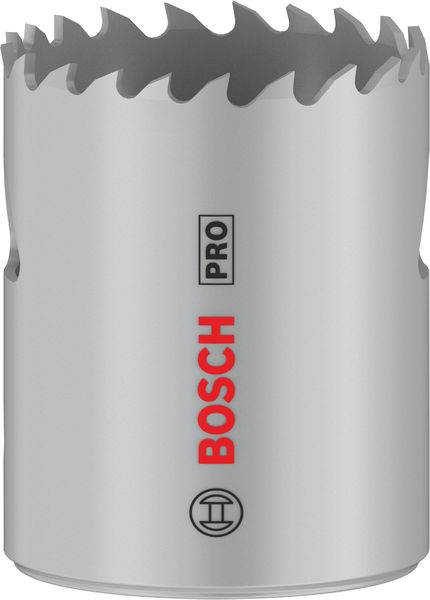 Metallsägekrone mit scharfen Zähnen und dem Schriftzug 'Bosch Pro' in Rot auf der Seite, geeignet für präzise Bohraufgaben.