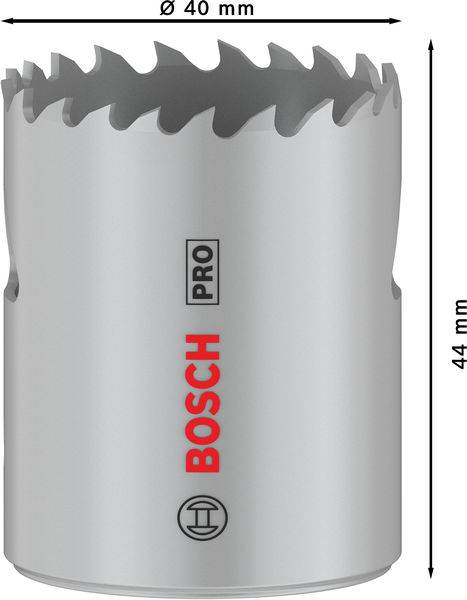 Sägekrone mit Bosch-Logo, Durchmesser 40 mm, Höhe 44 mm, gezackte Kante, silberfarbig, für präzise Bohrungen.