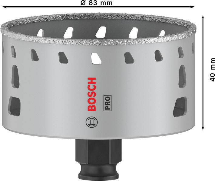 Eine Bosch Lochsäge mit einem Durchmesser von 83 mm und einer Höhe von 40 mm, geeignet für präzises Bohren in verschiedenen Materialien.