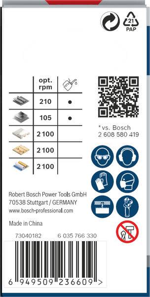 Verpackung mit Tabellen der empfohlenen Drehzahlen, QR-Code, Symbols für Sicherheitsmaßnahmen und Bosch-Kontaktinformationen.