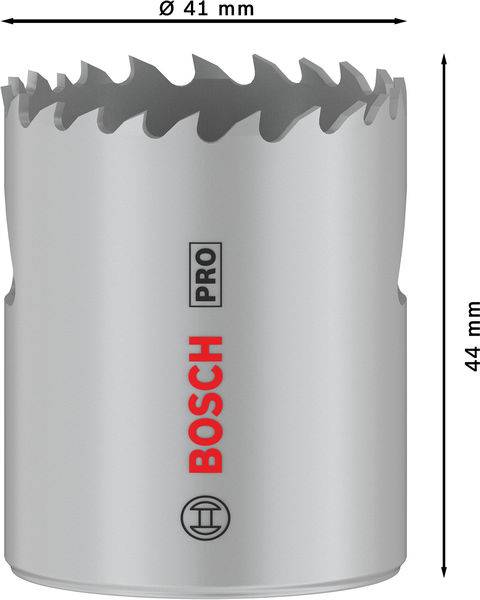 Bohrkrone 'BOSCH PRO' mit Durchmesser 41 mm und Höhe 44 mm, silberfarben, gezackte Schneidkante. Markenlogo in Rot.