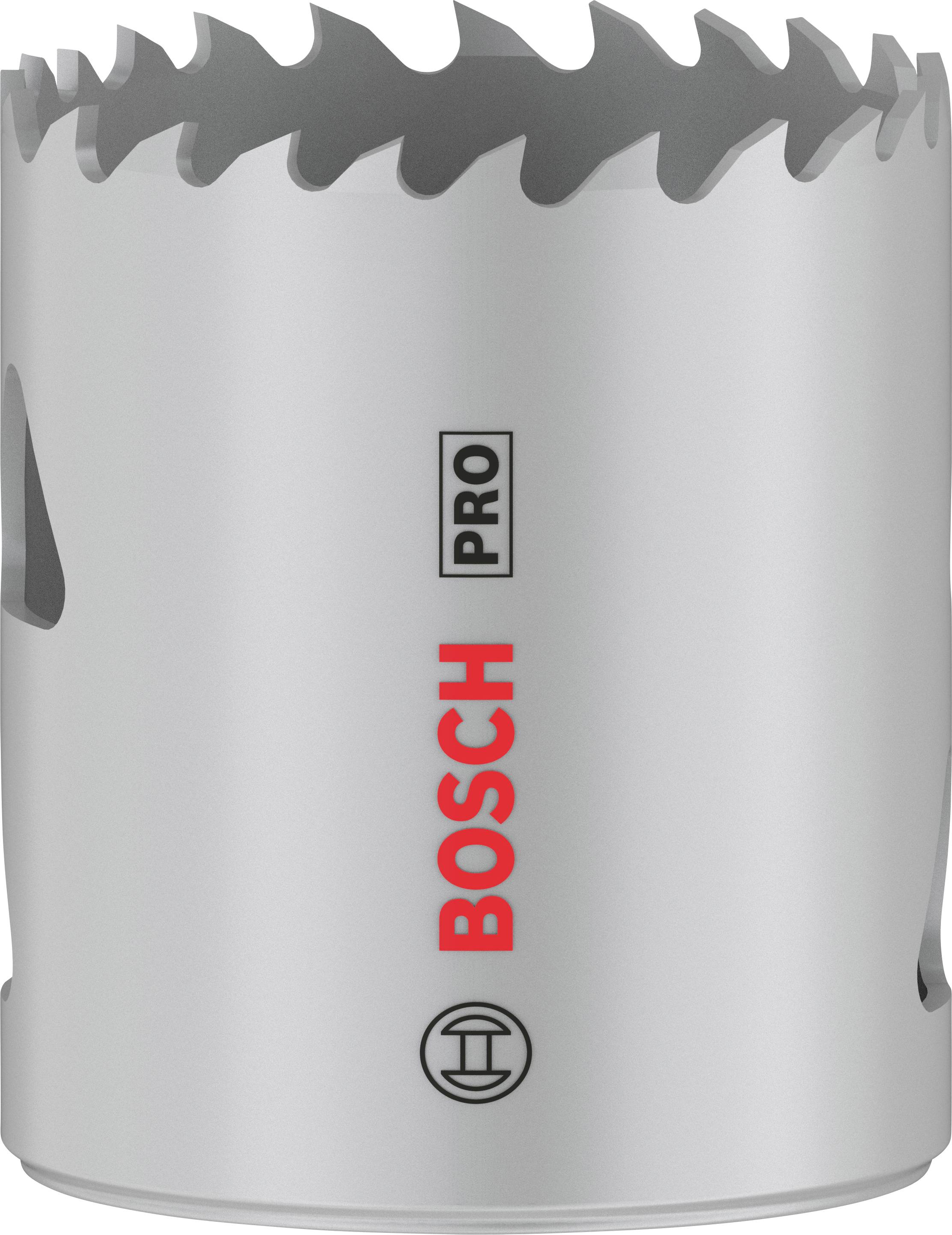 Metallsägekrone von Bosch Pro mit gezackter Schneide, silberfarben mit rotem Logo und schwarzer Beschriftung.