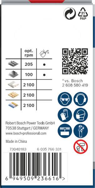 Verpackungsrückseite mit Tabelle zu optimalen Umdrehungen pro Minute für verschiedene Materialien und QR-Code; Schutzmaßnahmen-Piktogramme und Barcode.