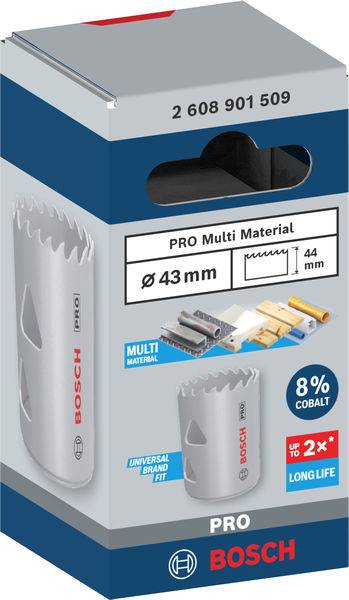 Bohrer Lochsäge Verpackung von Bosch, 43 mm, für Multi-Materialien, 8% Kobalt, verspricht doppelte Lebensdauer, Artikelnummer oben.