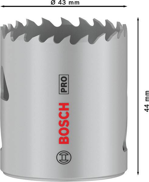 Lochsäge 'BOSCH PRO', 43 mm Durchmesser, 44 mm Länge, mit gezacktem Schneidkopf für präzises Bohren in verschiedenen Materialien.