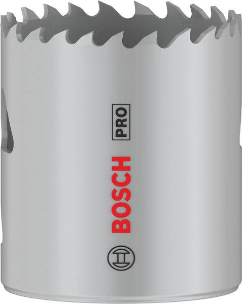 Metallsägekrone von Bosch mit scharfen Zähnen auf der Oberseite, geeignet zum Schneiden von Löchern in Materialien.