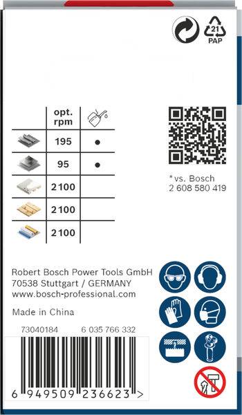 Verpackungsrückseite eines Bosch Schleifpapiers. Tabelle zeigt empfohlene Drehzahlen für verschiedene Materialien. Einschließlich QR-Code und Sicherheits-/Entsorgungssymbole. Hergestellt in China.