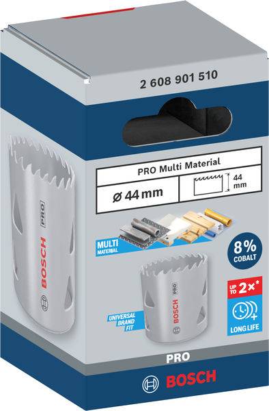 Verpackung eines Bosch Lochsägeaufsatzes, 44 mm, Pro-Multi-Material, mit 8% Kobalt für Langlebigkeit und universelle Passform.