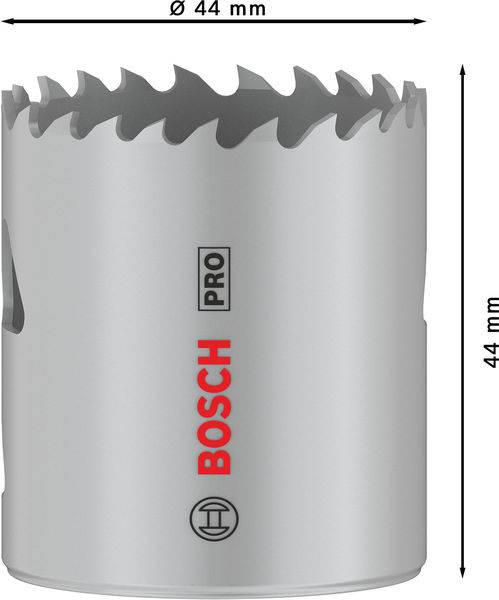 'Sägel Lochsäge Pro' mit rotem Bosch-Logo. Rund, grau, Durchmesser und Höhe je 44 mm.