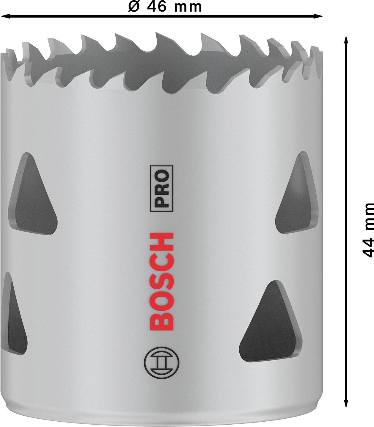 Bosch Pro Lochsäge, Ø 46 mm, Höhe 44 mm, metallisch silber mit zahnartiger Kante, geeignet für präzises Bohren in verschiedene Materialien.