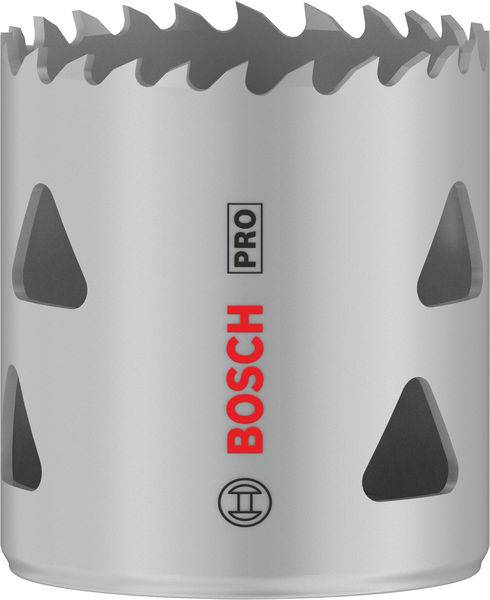 Bohrkrone aus Metall mit scharfen Zähnen, mit Aufschrift 'BOSCH PRO'. Geeignet zum Bohren großer Löcher in Holz oder Metall.