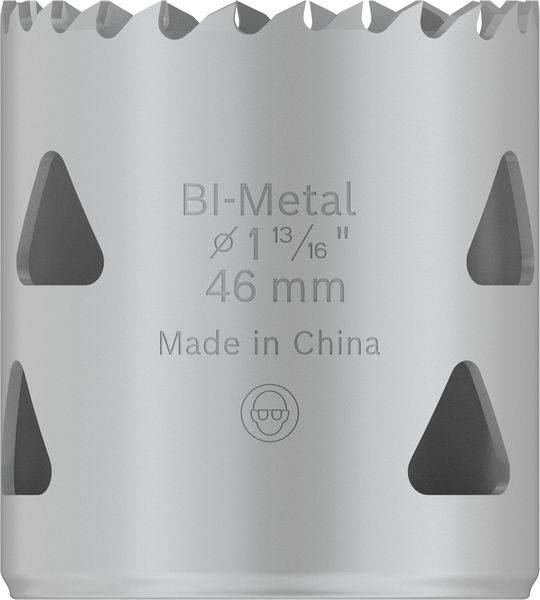 Silberne Lochsäge mit der Aufschrift 'Bi-Metal', Durchmesser ‘46 mm’, hergestellt in China. Zackenrand am oberen Rand.